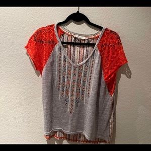 womens mesh orange sleeve t shirt with a super cute colorful print